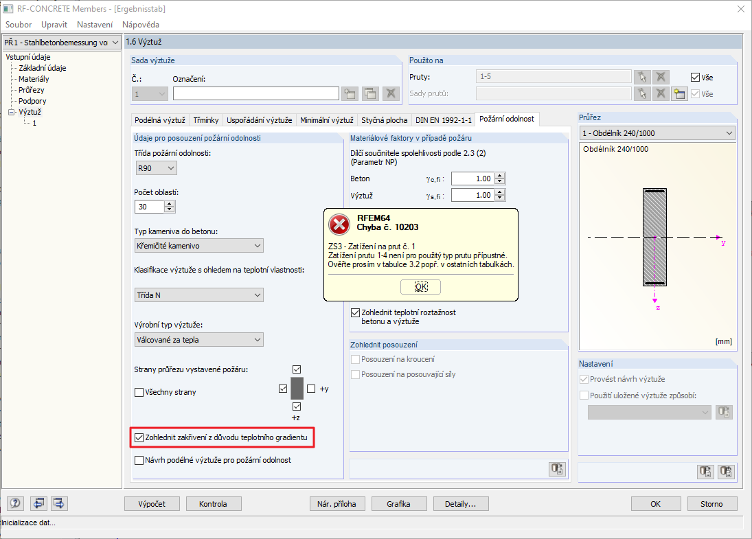 Chybové hlášení pro zakřivení pro výsledkový prut