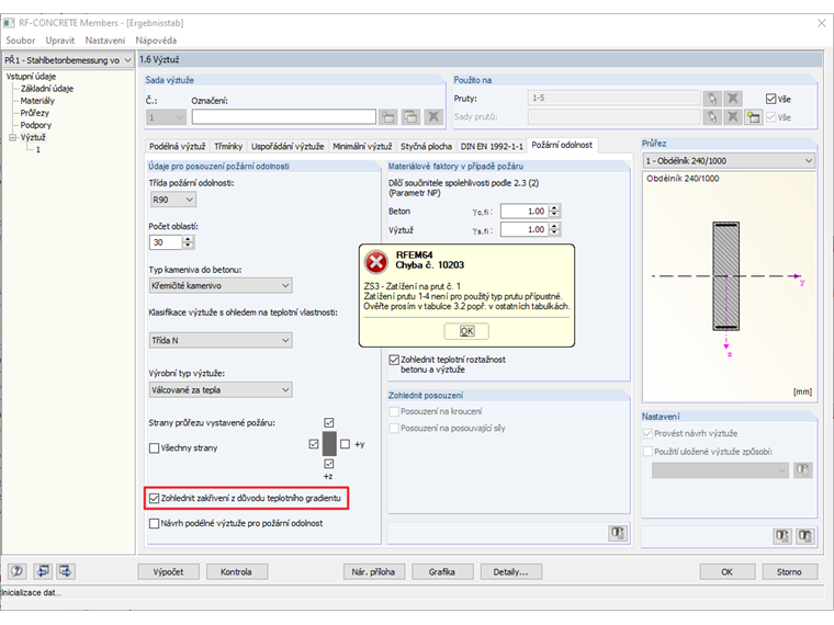 Chybové hlášení pro zakřivení pro výsledkový prut