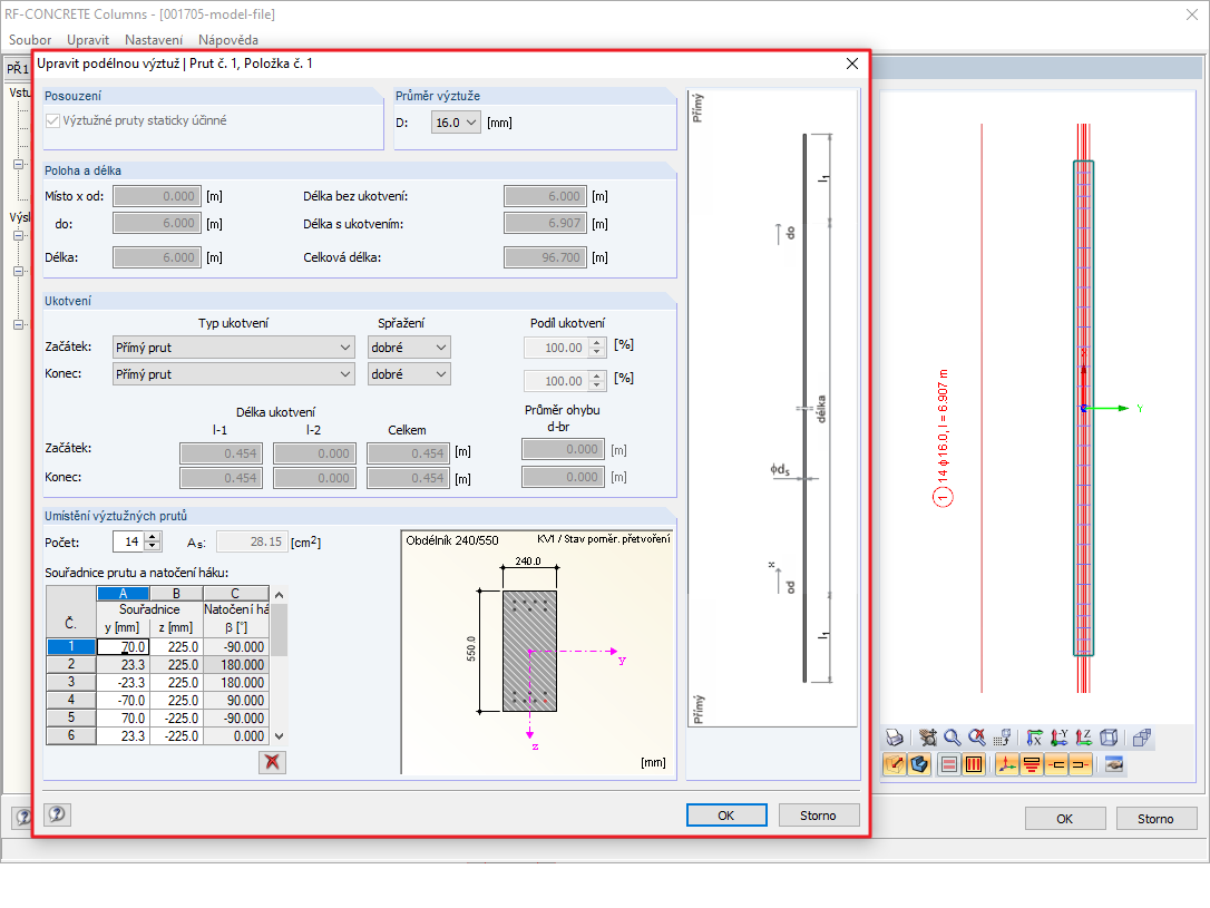 Úprava navržené podélné výztuže