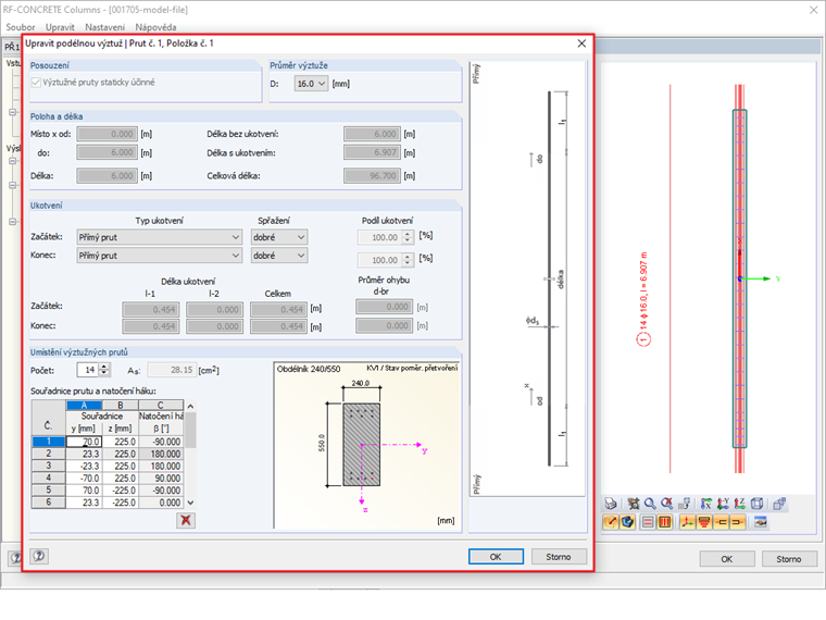 Úprava navržené podélné výztuže