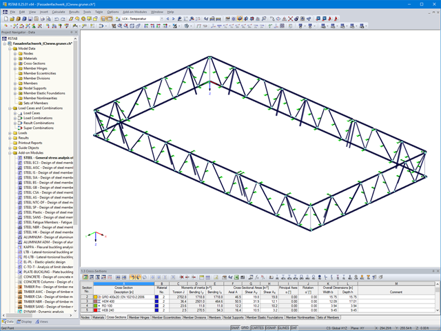 RSTAB model ocelové fasádní příhradové konstrukce o výšce cca 10 m (© Gruner AG)