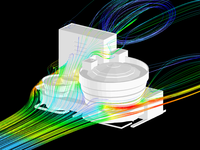 Guggenheimovo muzeum a renderování výsledků ze simulace větru