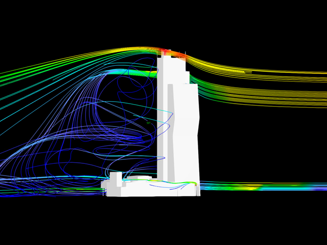 AZ Tower s výsledky simulace větru