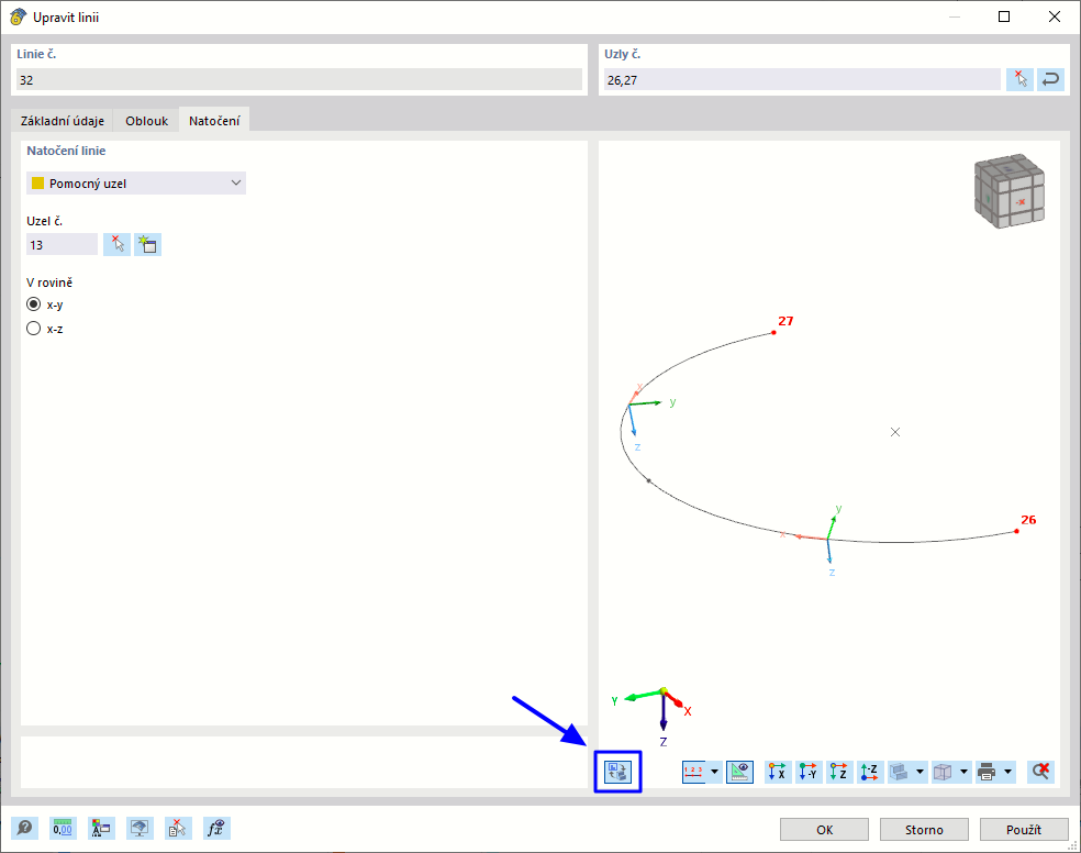 Natočení linie pomocí pomocného uzlu s vyznačením os linií