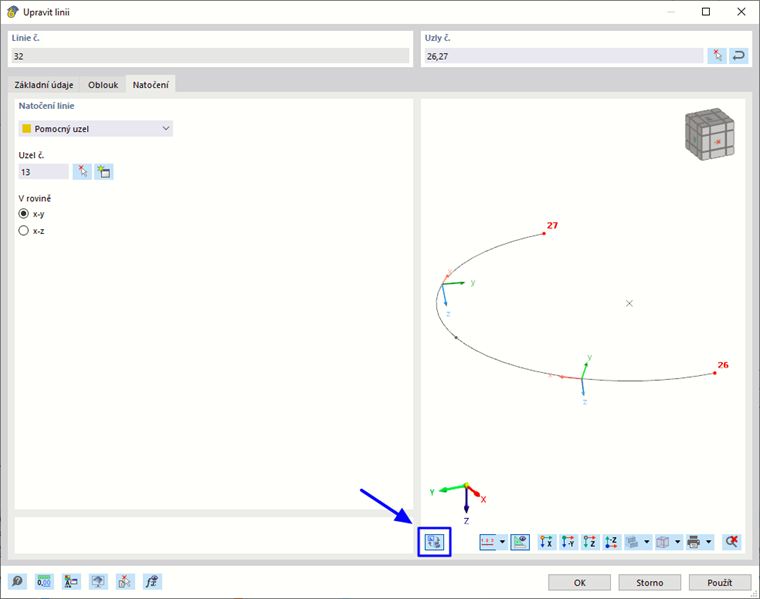 Natočení linie pomocí pomocného uzlu s vyznačením os linií