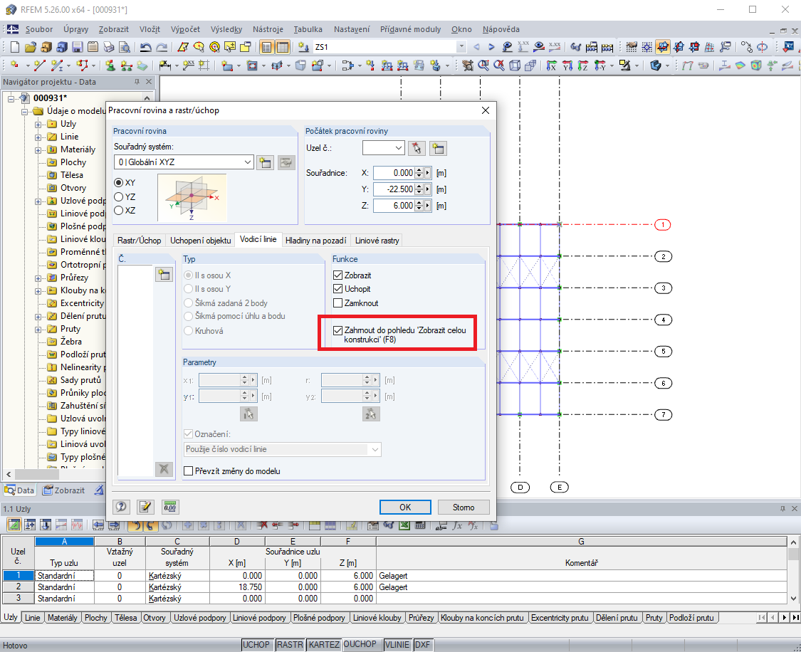 Nastavení pro zohlednění pomocných objektů