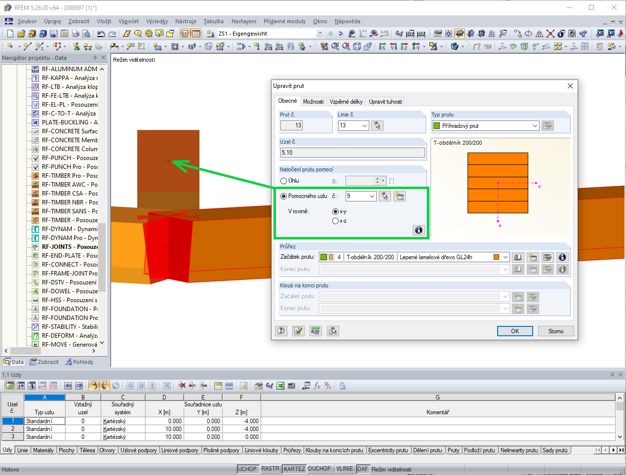 Natočení prutu pomocí pomocného uzlu