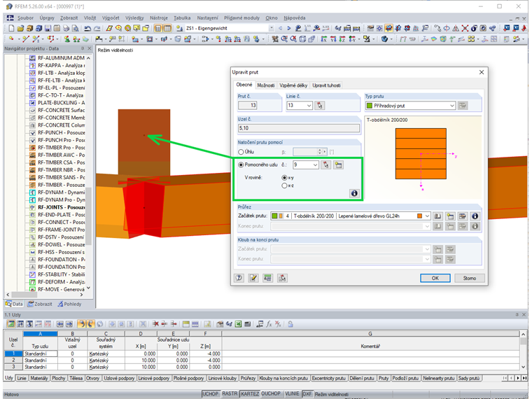 Natočení prutu pomocí pomocného uzlu