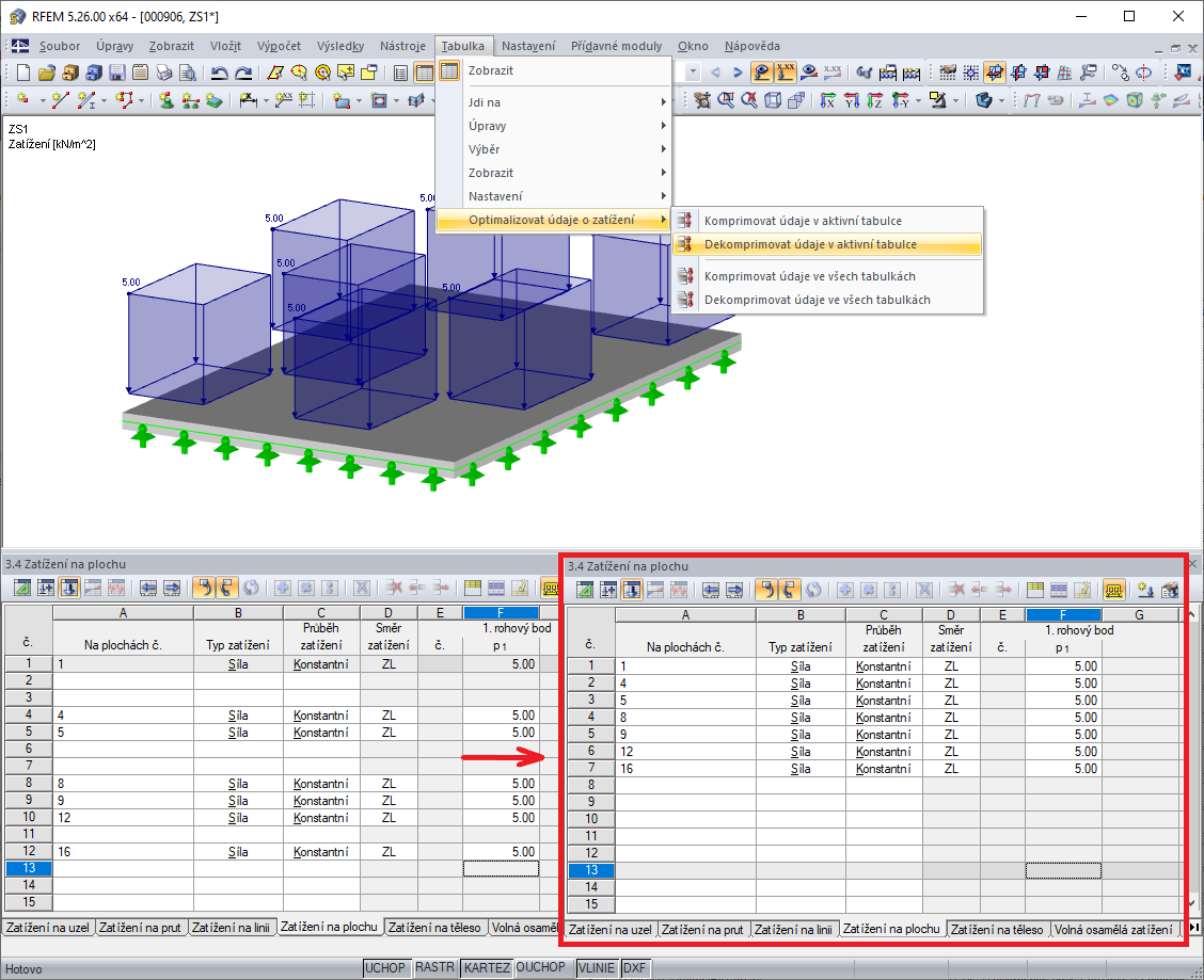 Optimalizovat údaje o zatížení: Dekomprimovat údaje v aktivní tabulce