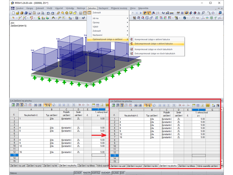 Optimalizovat údaje o zatížení: Dekomprimovat údaje v aktivní tabulce