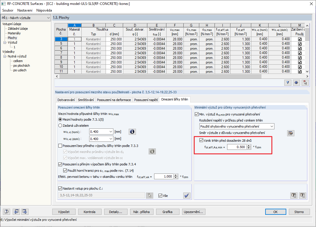 FAQ 005018 | K čemu slouží nastavení Vznik trhlin před dosažením 28 dnů?