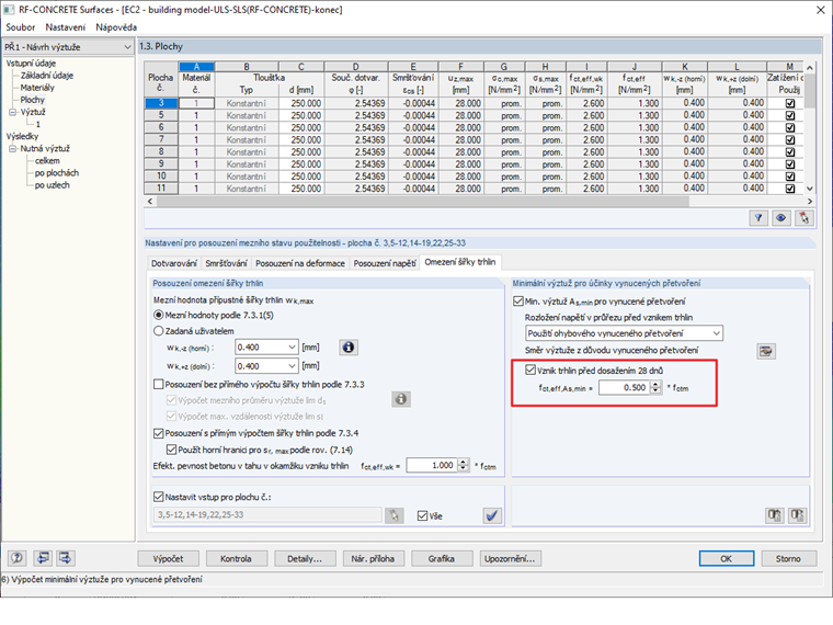 FAQ 005018 | K čemu slouží nastavení Vznik trhlin před dosažením 28 dnů?