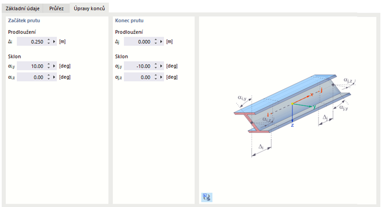 Zadání změny na konci nakloněného prutu