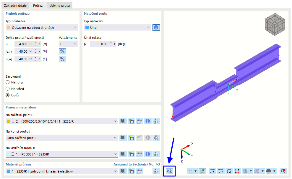 Zadání prutu s odsazením na obou stranách a zarovnanou přírubou
