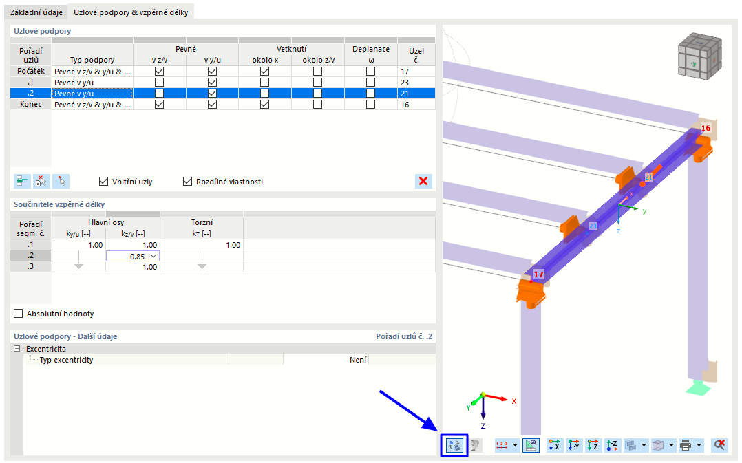 Zadání uzlových podpor a vzpěrných délek