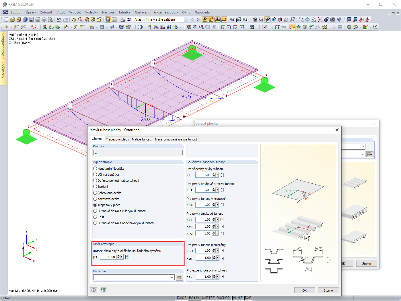 FAQ 005023 | Mám střešní konstrukci z trapézového plechu, která je nesena nosníky. Momenty na nosnících mi ale vychází menší než by měly být. Čím to může být?