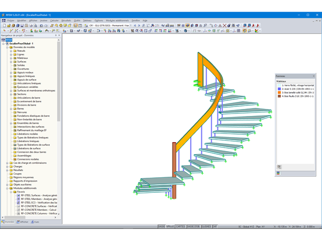 3D model schodiště z několika materiálů (dřevo, ocel, sklo) v programu RFEM (© YLEx)
