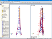 3D model příhradové věže (vlevo) a normálové síly (vpravo) v programu RSTAB (© TU Drážďany)