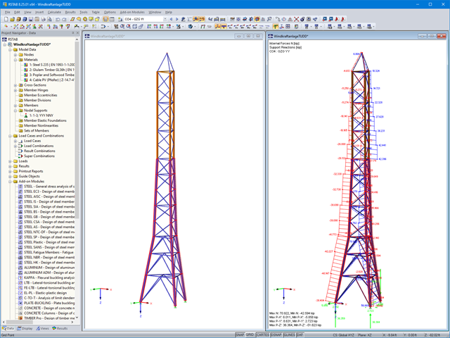 3D model příhradové věže (vlevo) a normálové síly (vpravo) v programu RSTAB (© TU Drážďany)