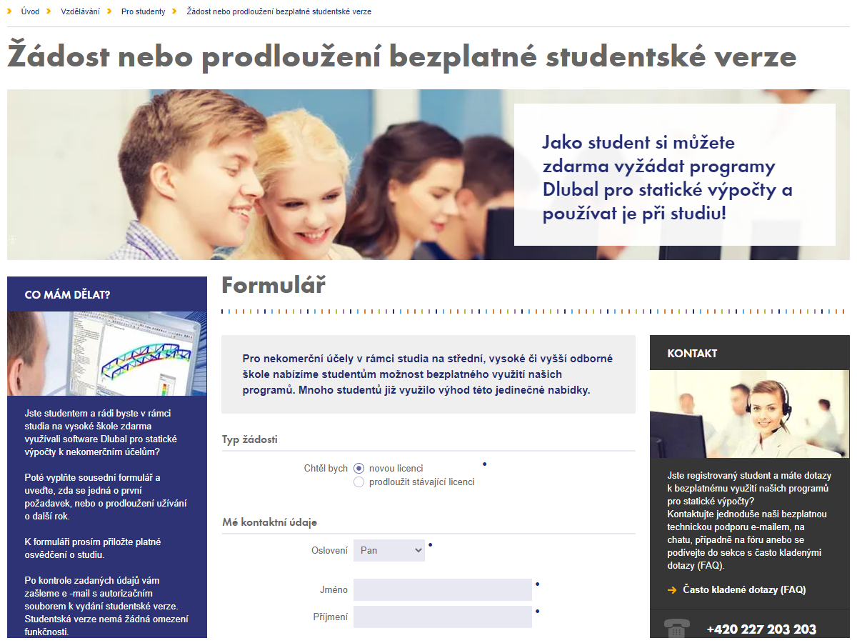 Žádost o bezplatnou studentskou verzi nebo její prodloužení