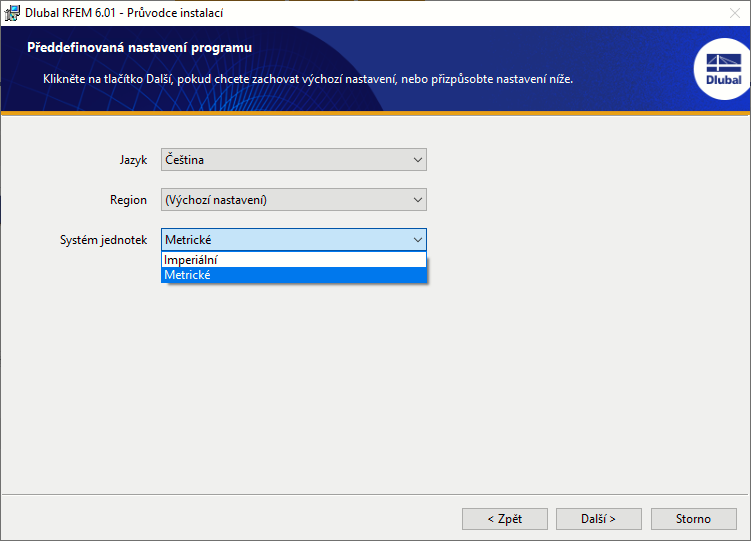 Výběr oblasti a jednotkového systému