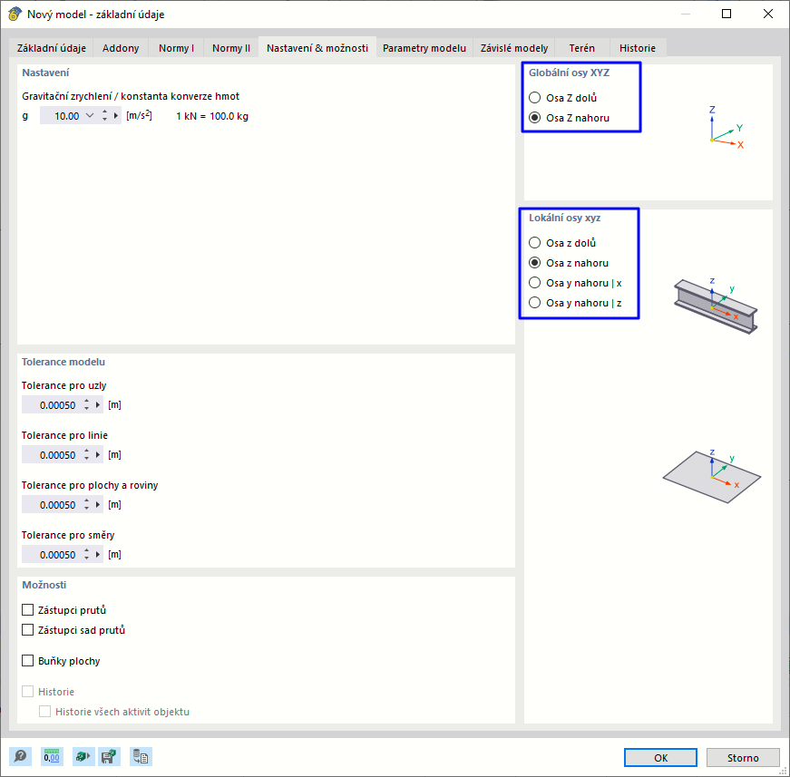 Záložka "Nastavení & Možnosti" pro osy
