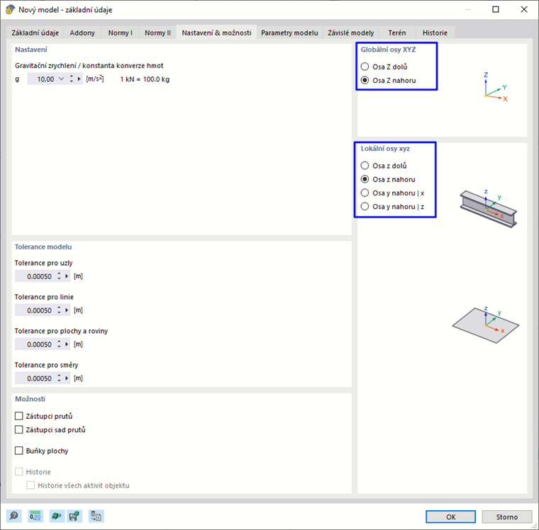 Záložka "Nastavení & Možnosti" pro osy
