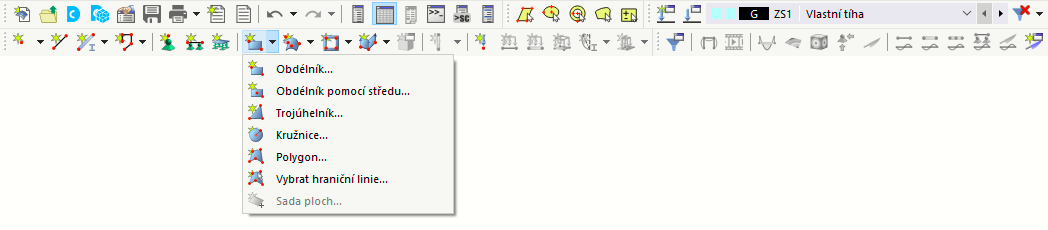 Panel nástrojů s tlačítkem "Nová obdélníková plocha"