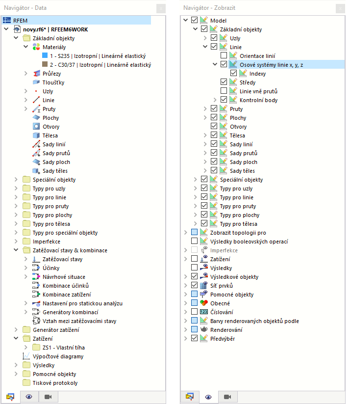 Navigátor s záložkou 'Data' a záložkou Zobrazit '