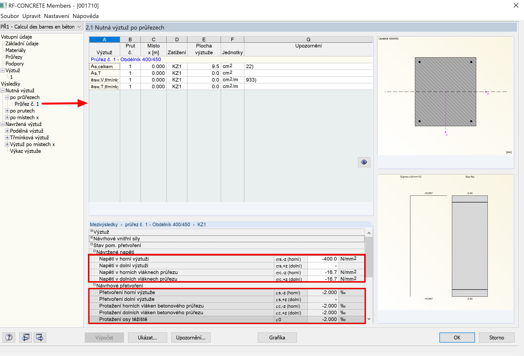 Zobrazení návrhových napětí a přetvoření v modulu RF-CONCRETE Members