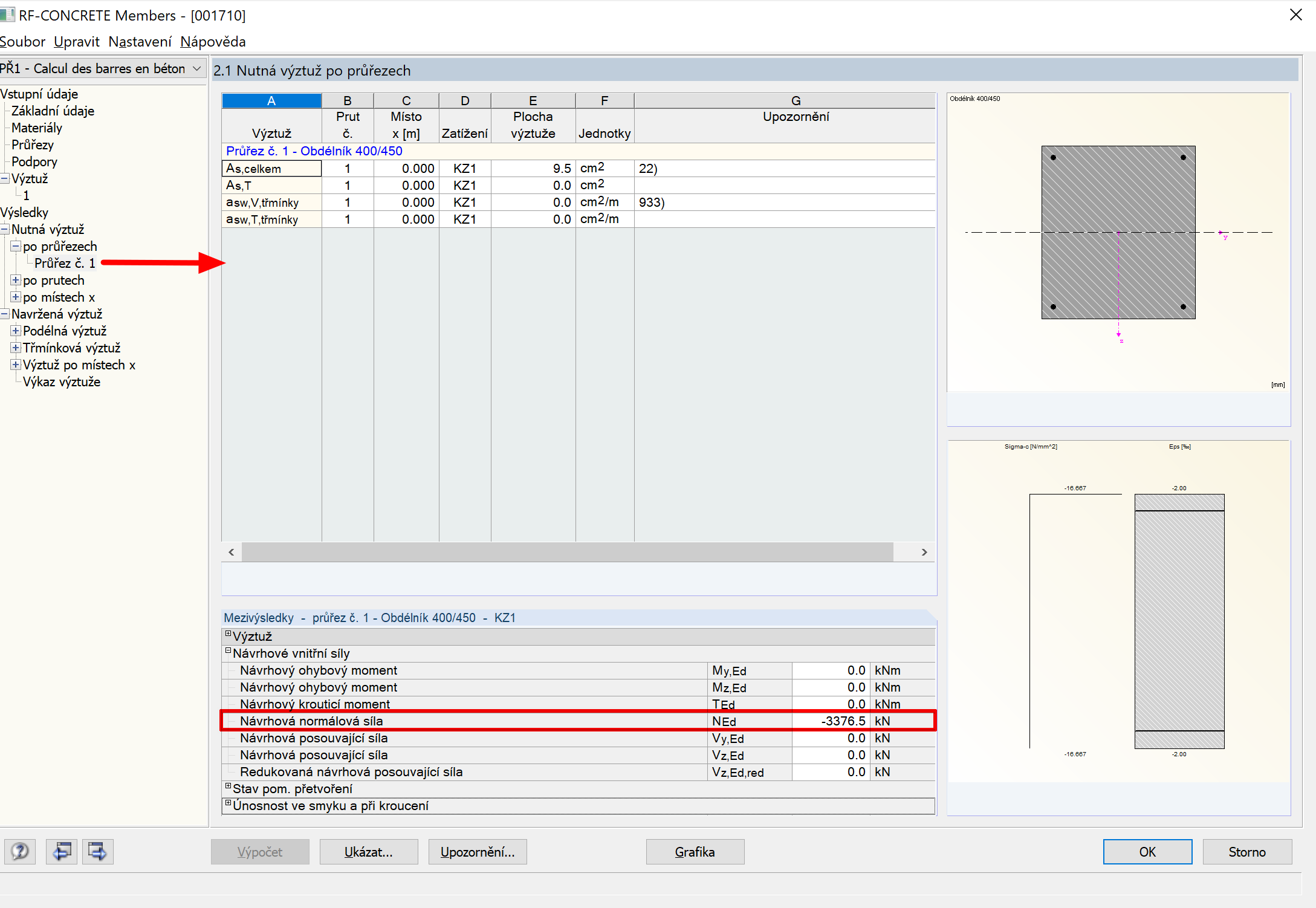 Zobrazení rozhodujících zatížení v modulu RF-CONCRETE Members
