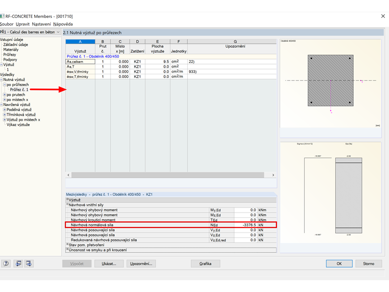 Zobrazení rozhodujících zatížení v modulu RF-CONCRETE Members