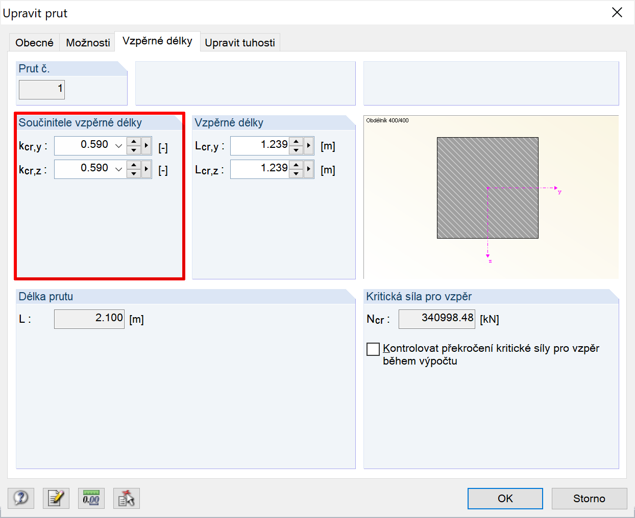 Úprava součinitele vzpěrné délky u prutu