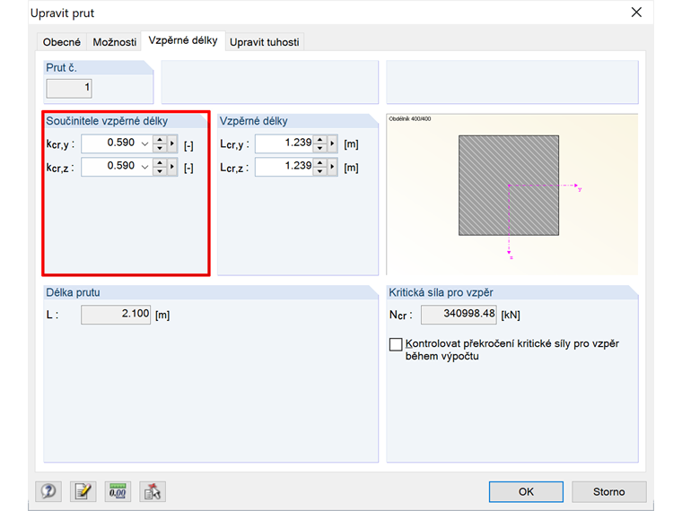 Úprava součinitele vzpěrné délky u prutu