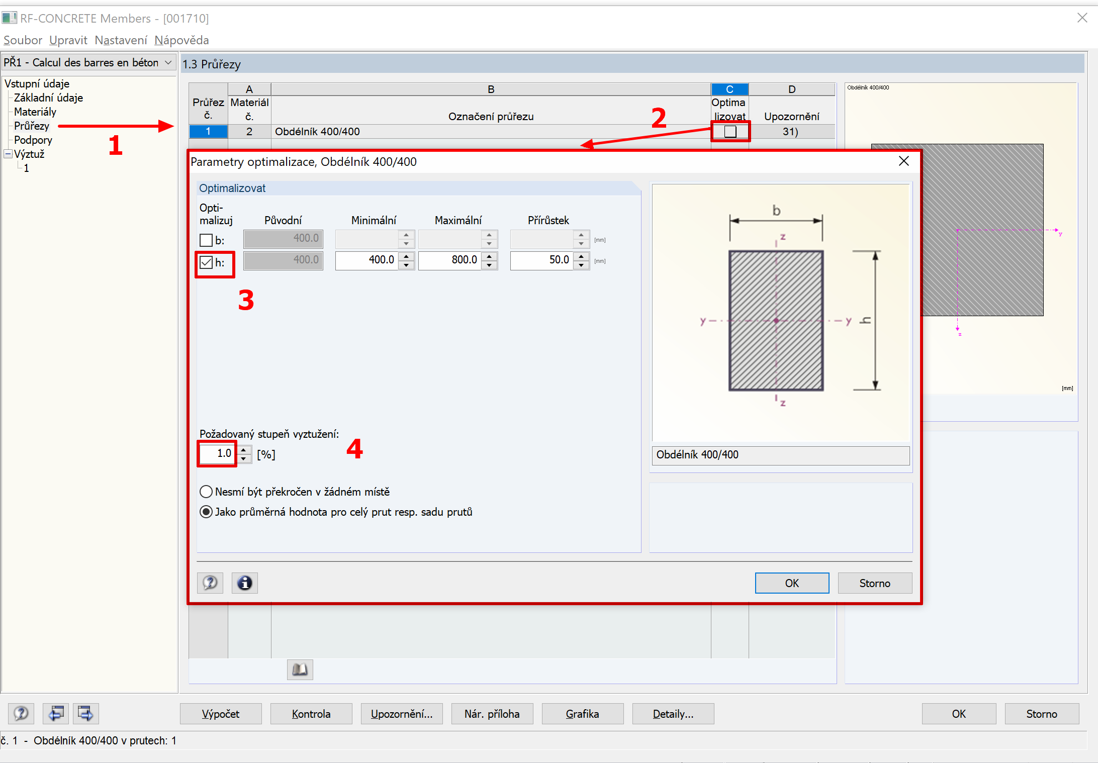 Optimalizace obdélníkového průřezu v modulu RF-CONCRETE Members