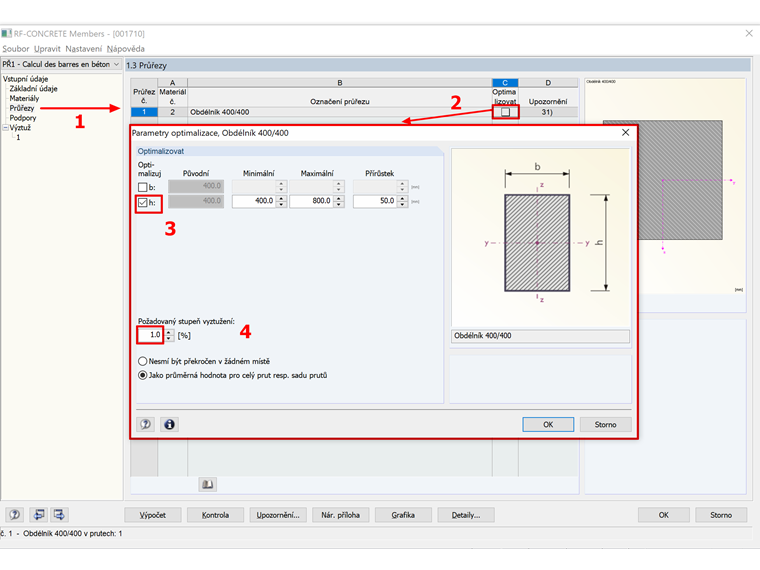 Optimalizace obdélníkového průřezu v modulu RF-CONCRETE Members