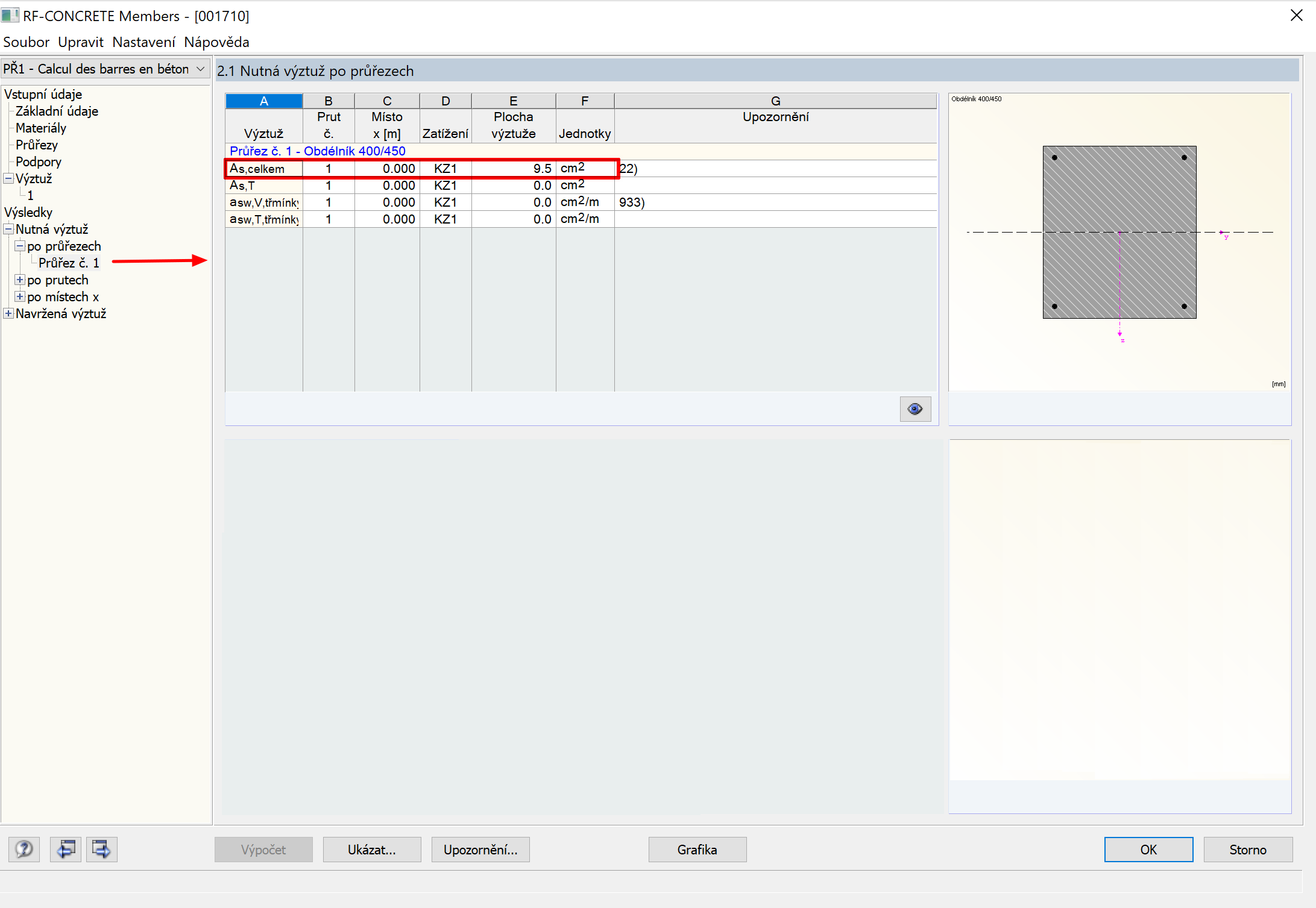 Nutná výztuž stanovená v modulu RF-CONCRETE Members