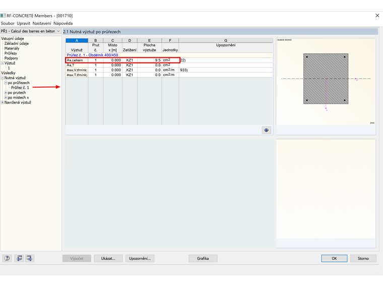 Nutná výztuž stanovená v modulu RF-CONCRETE Members