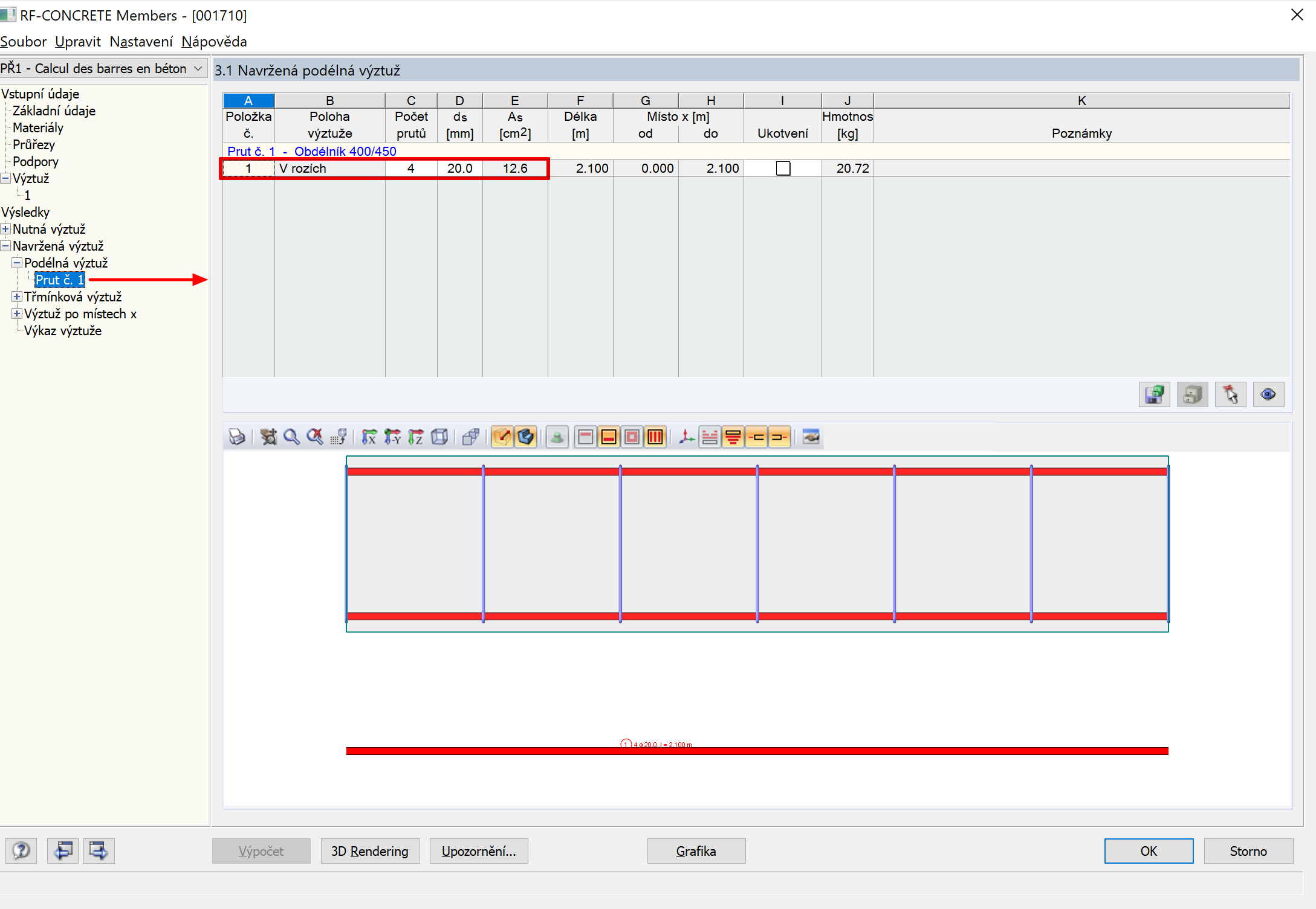 Navržená výztuž stanovená v modulu RF-CONCRETE Members