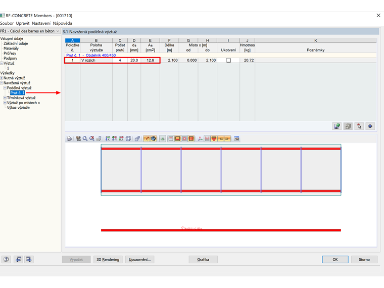 Navržená výztuž stanovená v modulu RF-CONCRETE Members