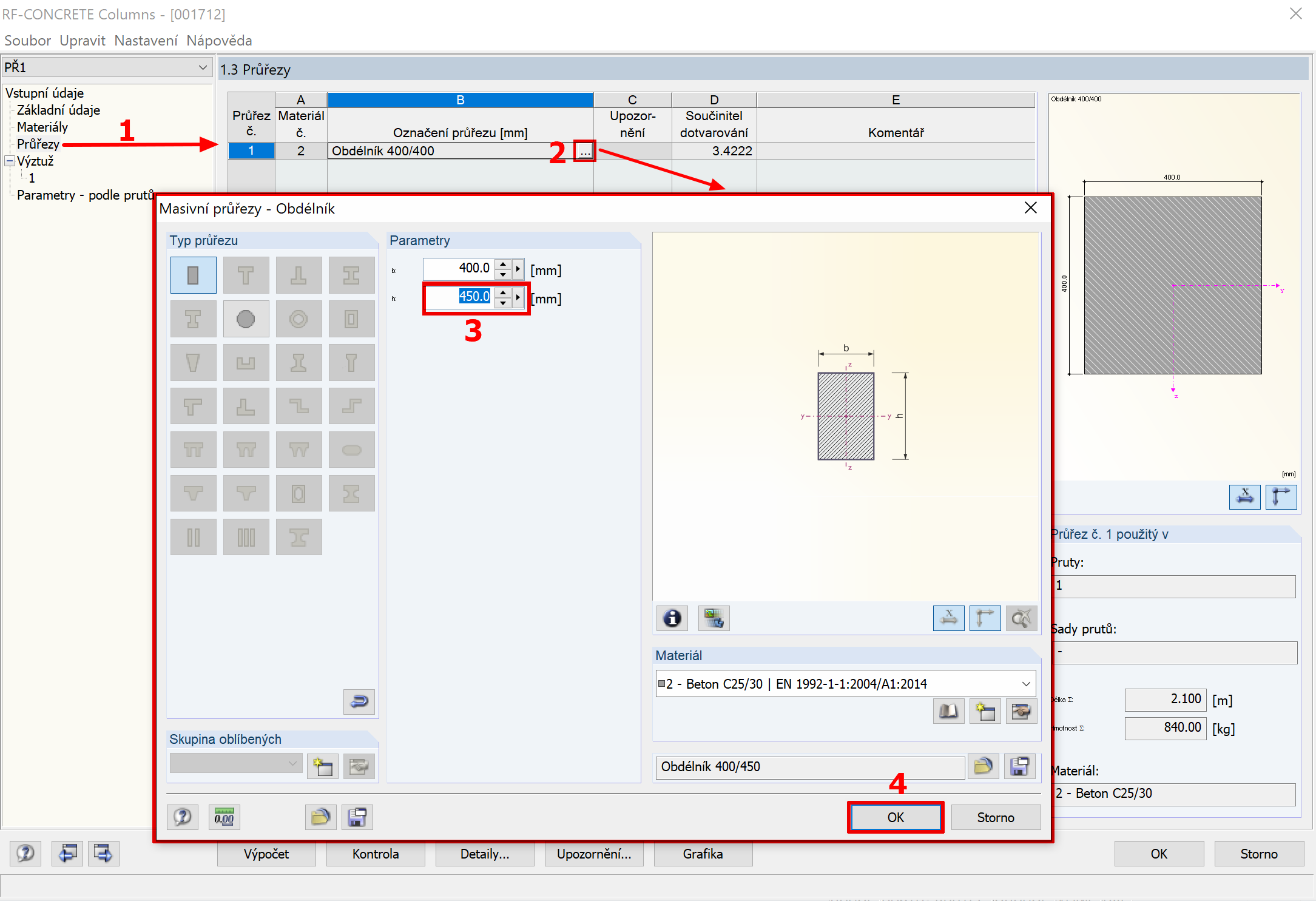 Úprava obdélníkového průřezu v modulu RF-CONCRETE Columns