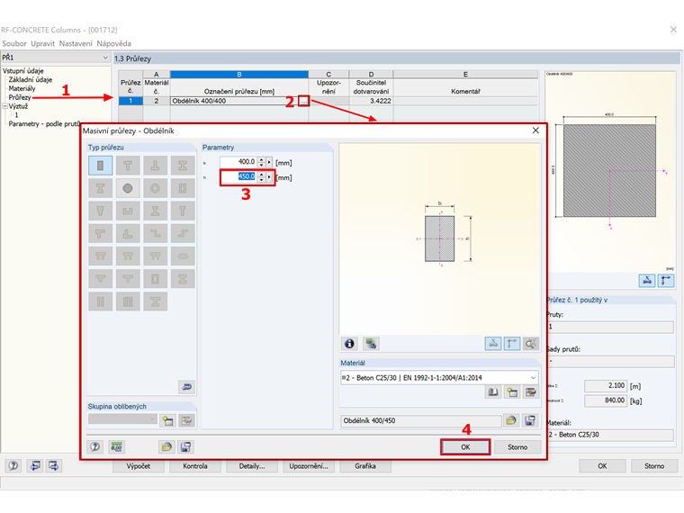 Úprava obdélníkového průřezu v modulu RF-CONCRETE Columns
