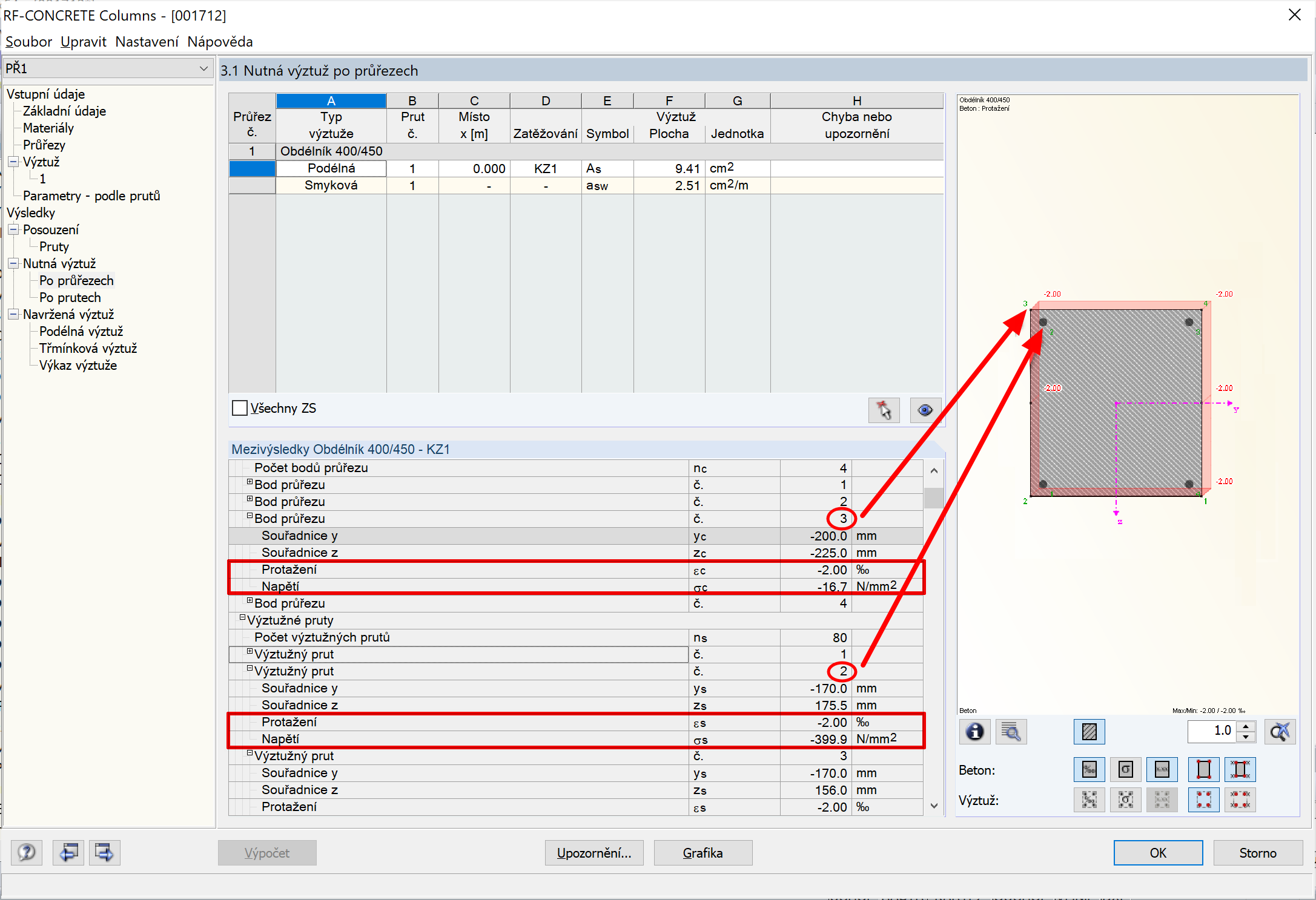 Zobrazení navržených napětí a protažení v modulu RF-CONCRETE Columns