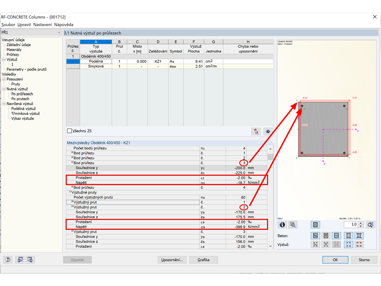 Zobrazení navržených napětí a protažení v modulu RF-CONCRETE Columns