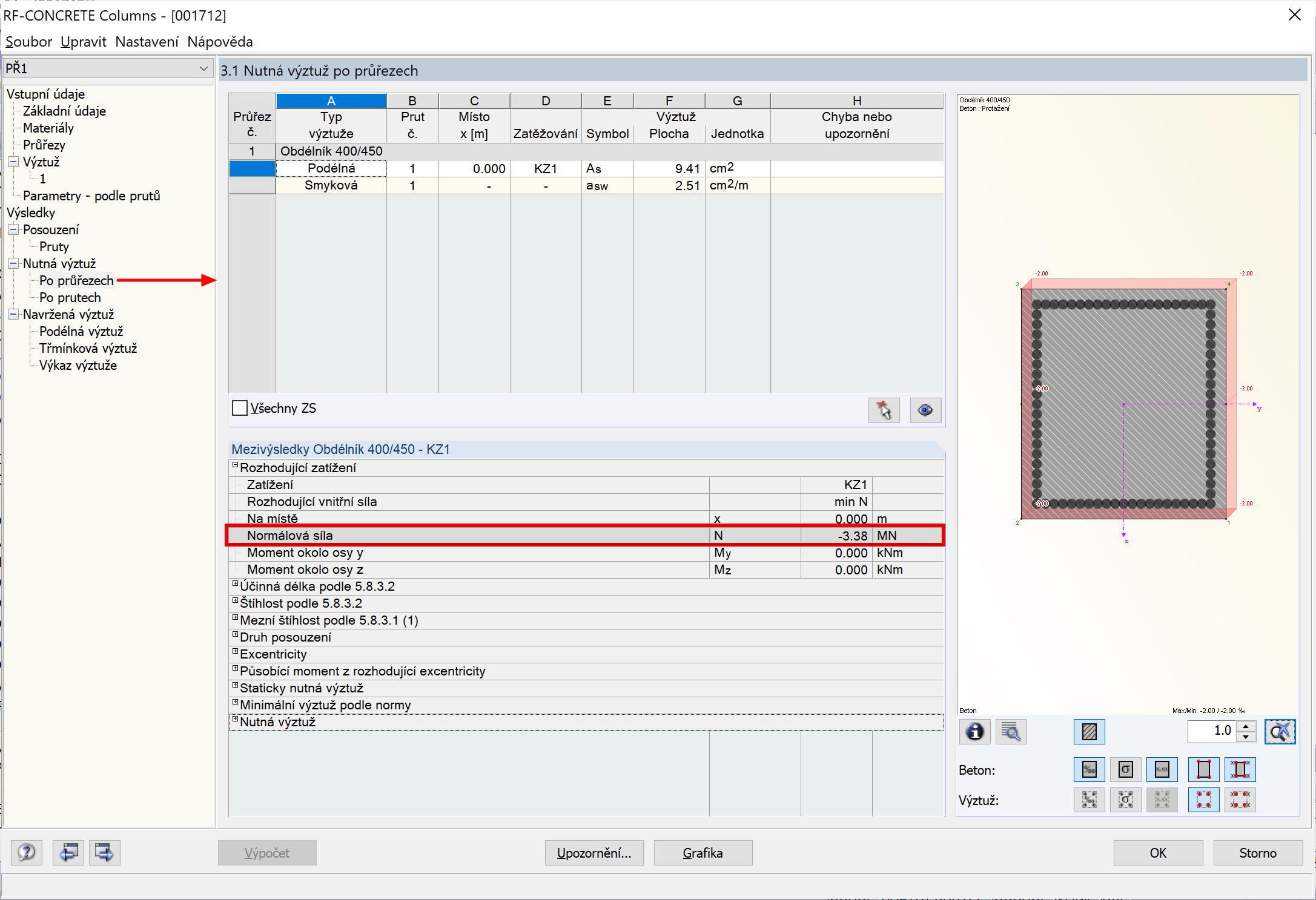 Zobrazení rozhodujících zatížení v modulu RF-CONCRETE Columns