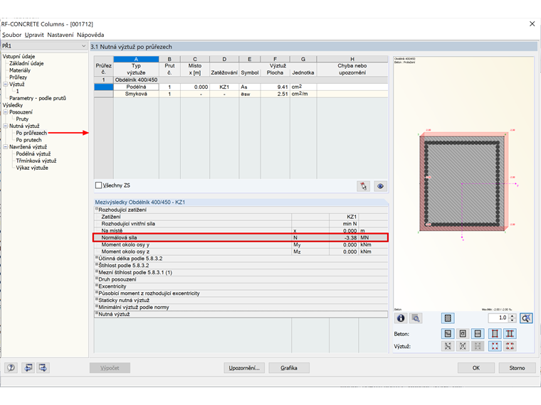Zobrazení rozhodujících zatížení v modulu RF-CONCRETE Columns