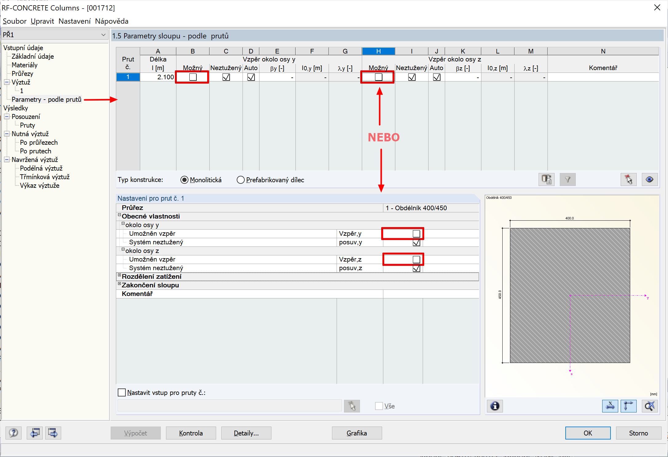 Možnost deaktivovat vzpěr v modulu RF-CONCRETE Columns