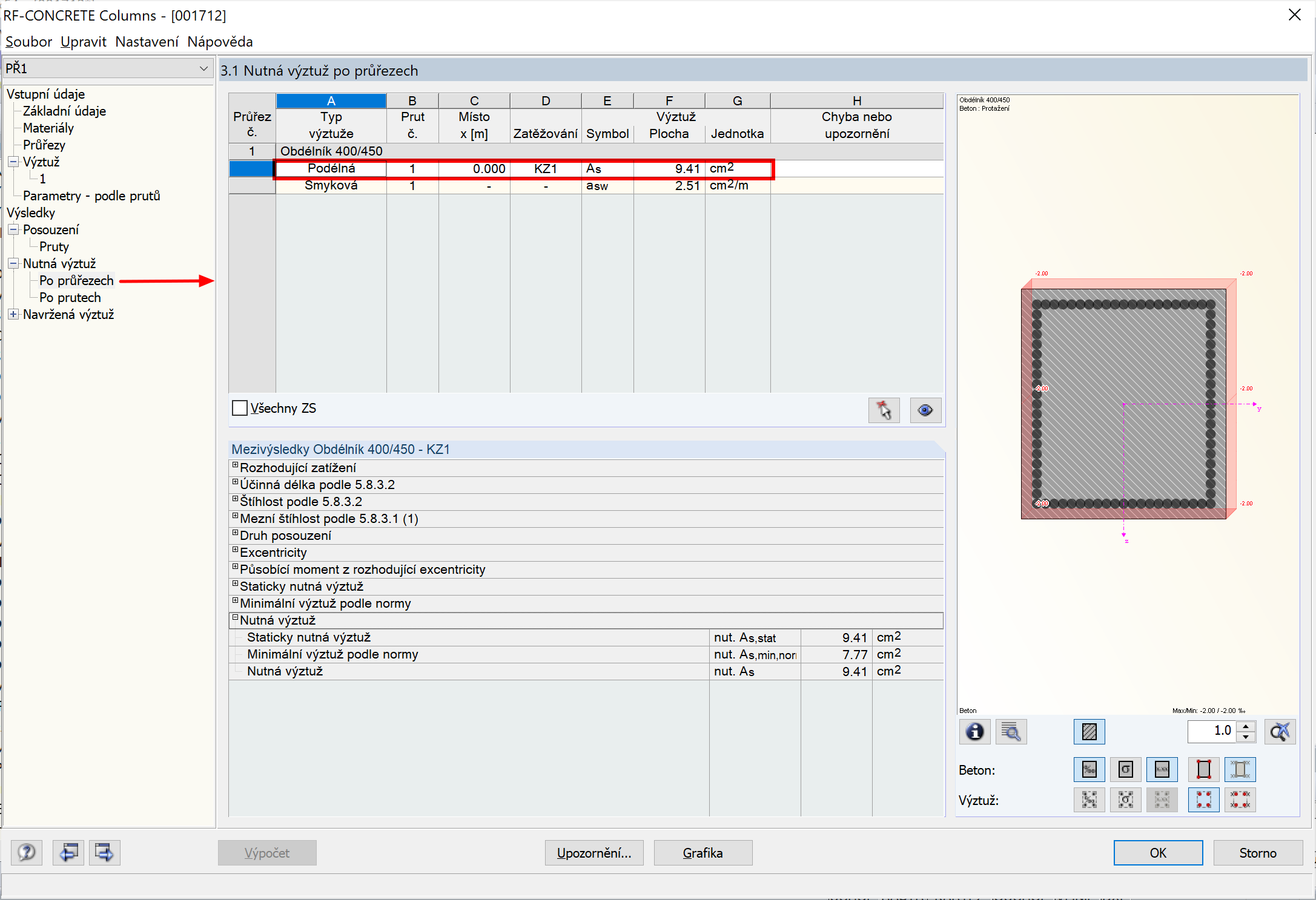 Nutná výztuž stanovená pomocí RF-CONCRETE Columns