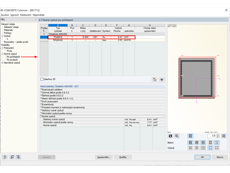 Nutná výztuž stanovená pomocí RF-CONCRETE Columns