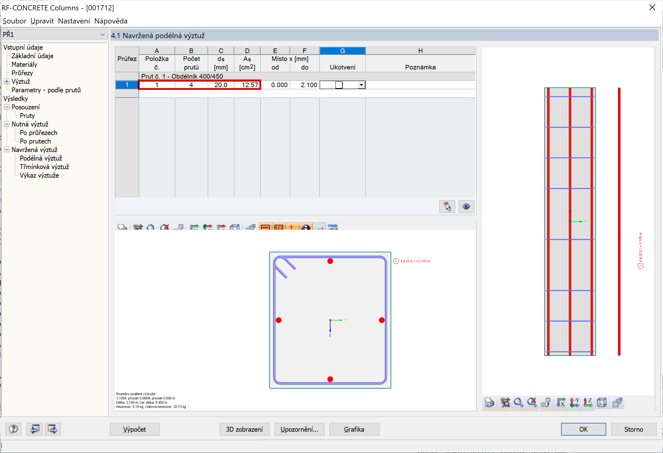 Navržená výztuž stanovená pomocí RF-CONCRETE Columns
